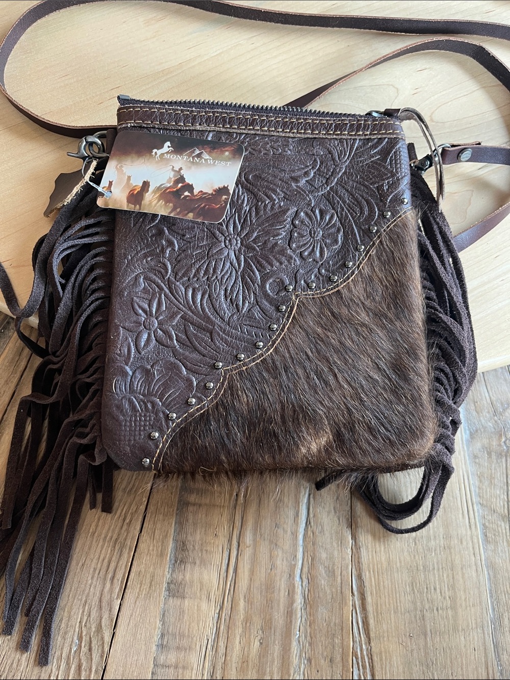 NWT Montana West Dark Brown Tooled Leather & Hair-On Fringe Crossbody